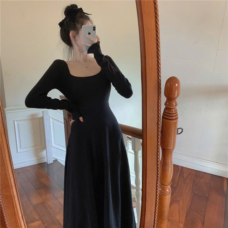 Váy ôm body cổ vuông dài tay dáng dài xòe Đầm thun nữ chất thun gân tôn dáng basic đen vàng bò đơn giản T611G