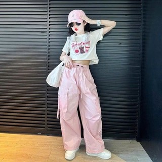[B&G] Sét bộ Áo thun in hình Quần cargo hồng trendy cá tính dễ thương cho bé gái từ 10-45kg