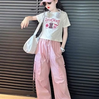 [B&G] Sét bộ Áo thun in hình Quần cargo hồng trendy cá tính dễ thương cho bé gái từ 10-45kg