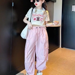 [B&G] Sét bộ Áo thun in hình Quần cargo hồng trendy cá tính dễ thương cho bé gái từ 10-45kg