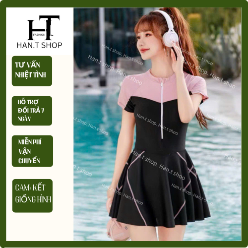 [ BKN 1999 ] Set đồ bơi liền mảnh dây kéo phối màu,kín đáo cho các nàng tự tin đi biển, đi bơi  HAN.T SHOP
