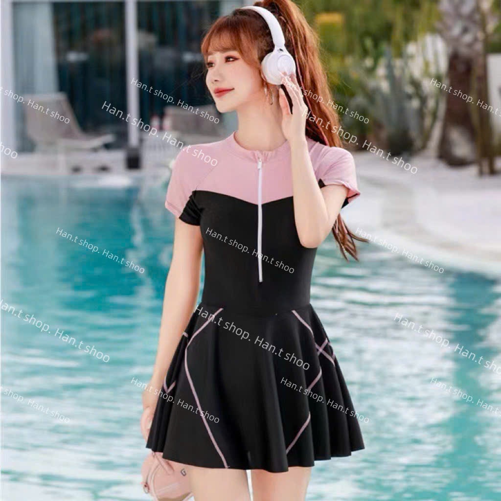 [ BKN 1999 ] Set đồ bơi liền mảnh dây kéo phối màu,kín đáo cho các nàng tự tin đi biển, đi bơi  HAN.T SHOP