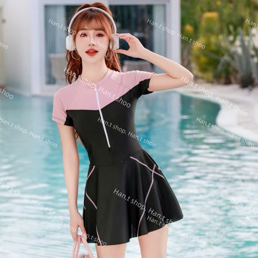 [ BKN 1999 ] Set đồ bơi liền mảnh dây kéo phối màu,kín đáo cho các nàng tự tin đi biển, đi bơi  HAN.T SHOP