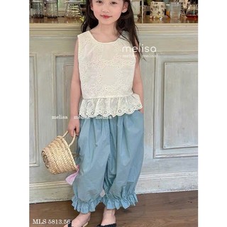 [B&G] Sét bộ áo thêu hoa sát nách kèm quần dài xanh bo chun dễ thương cho bé gái từ 10-45kg