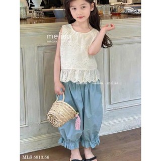 [B&G] Sét bộ áo thêu hoa sát nách kèm quần dài xanh bo chun dễ thương cho bé gái từ 10-45kg