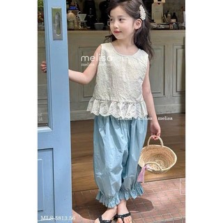 [B&G] Sét bộ áo thêu hoa sát nách kèm quần dài xanh bo chun dễ thương cho bé gái từ 10-45kg