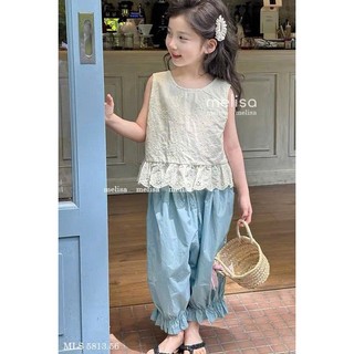 [B&G] Sét bộ áo thêu hoa sát nách kèm quần dài xanh bo chun dễ thương cho bé gái từ 10-45kg
