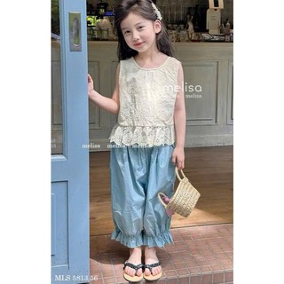 [B&G] Sét bộ áo thêu hoa sát nách kèm quần dài xanh bo chun dễ thương cho bé gái từ 10-45kg