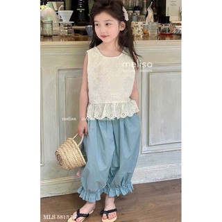 [B&G] Sét bộ áo thêu hoa sát nách kèm quần dài xanh bo chun dễ thương cho bé gái từ 10-45kg