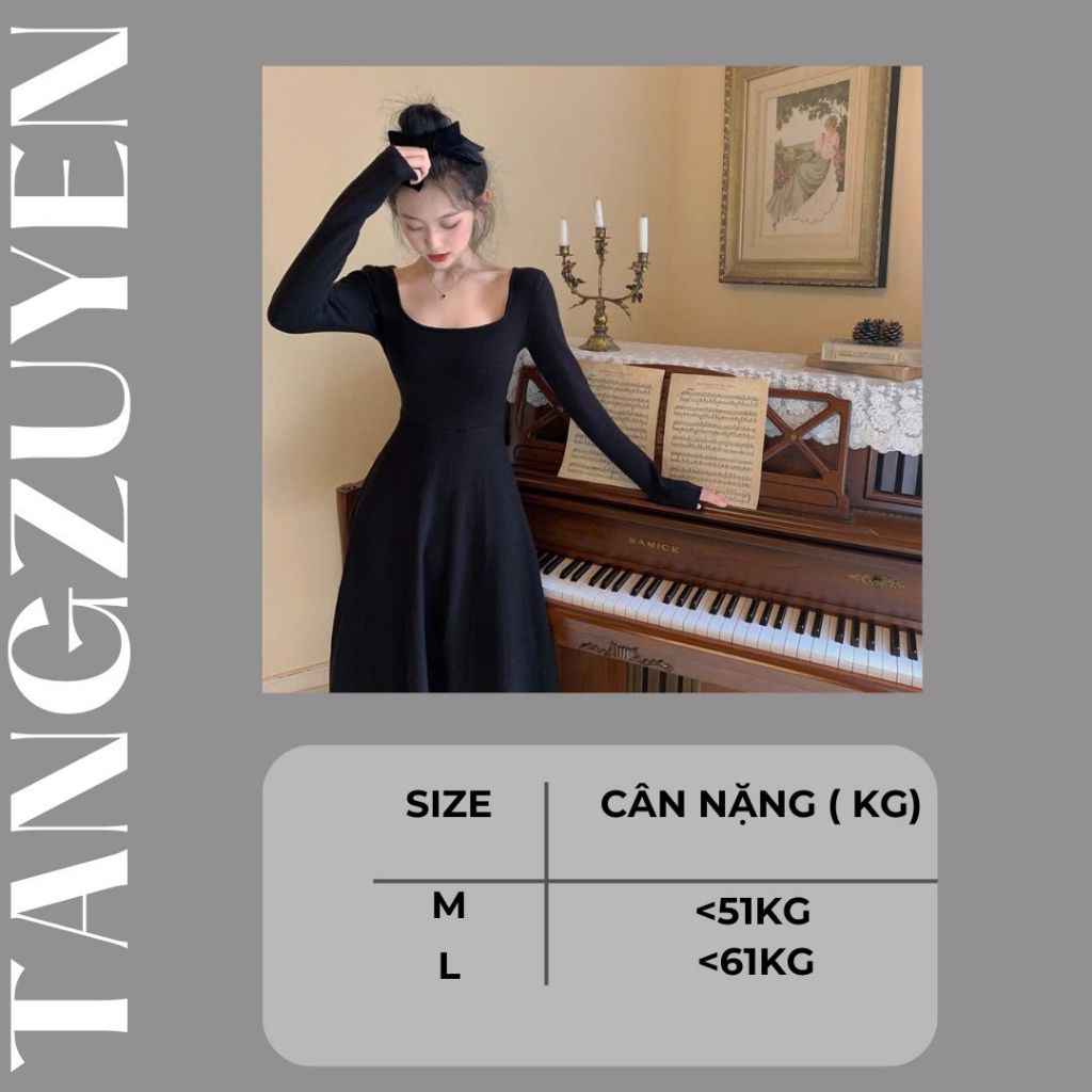 Váy ôm body cổ vuông dài tay dáng dài xòe Đầm thun nữ chất thun gân tôn dáng basic đen vàng bò đơn giản T611G
