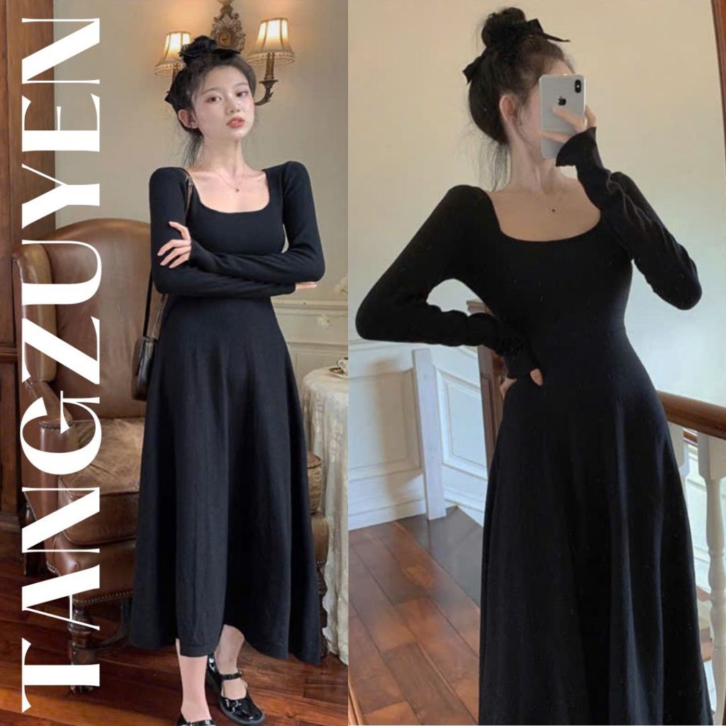 Váy ôm body cổ vuông dài tay dáng dài xòe Đầm thun nữ chất thun gân tôn dáng basic đen vàng bò đơn giản T611G