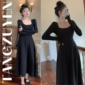 Váy ôm body cổ vuông dài tay dáng dài xòe Đầm thun nữ chất thun gân tôn dáng basic đen vàng bò đơn giản T611G