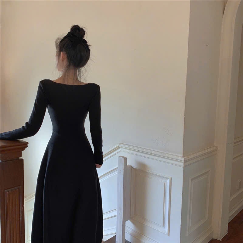Váy ôm body cổ vuông dài tay dáng dài xòe Đầm thun nữ chất thun gân tôn dáng basic đen vàng bò đơn giản T611G