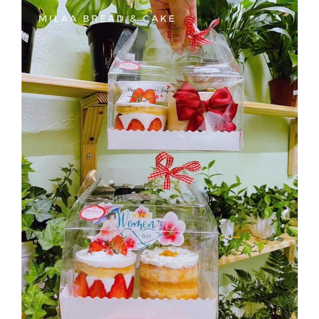 Combo 10 Hộp mica sz 16 cm quai xách đựng 2 cốc , bánh cuộn, bánh bông lan, hũ yến kèm đế trắng
