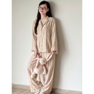 MB-SET-012 Maybee.Homedress Bộ Ngủ Dài Tay Kẻ Sọc Lớn – Chất Đũi Mềm Mịn, Thanh Lịch, Thoải Mái