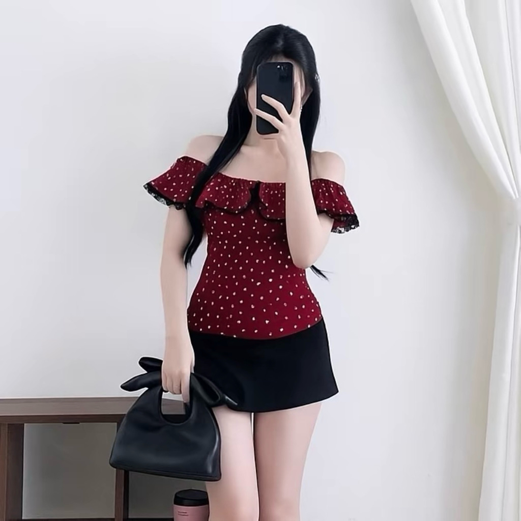 [Áo - Đầm] Đầm Trễ vai chấm bi dáng a dài thun tăm lạnh co giãn Xuân Mai Shop