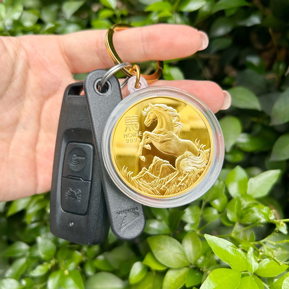 Bộ 2 Móc khóa treo chìa xe máy oto Đồng Xu hình con Ngựa Úc vàng bạc sang trọng