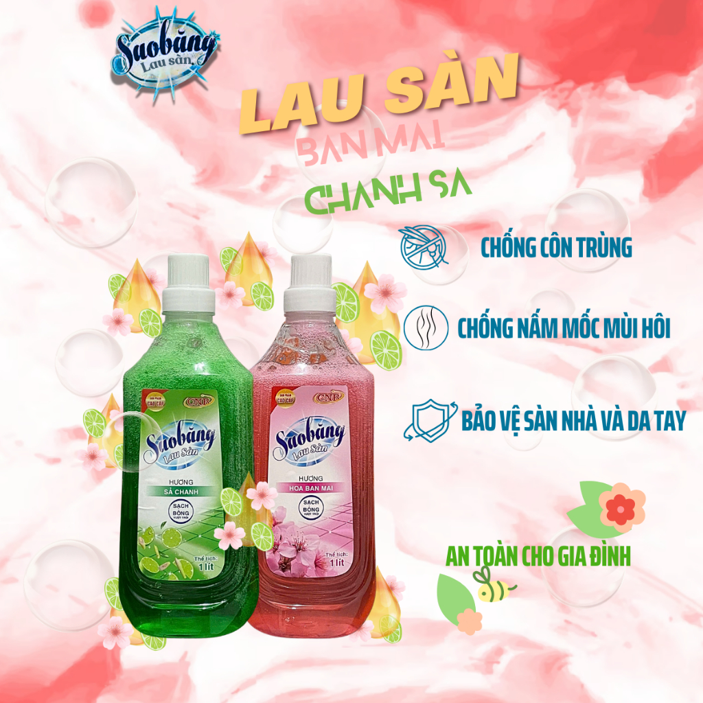 Nước Lau Sàn SAO BĂNG Ngăn côn trùng hiệu quả | Túi 1L | Hương Chanh Sả & Hoa Ban Mai hiệu quả sau lần đầu sử dụng
