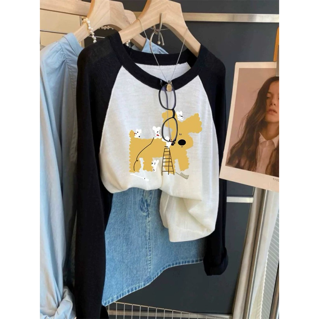 Áo dài tay nữ phối màu đen trắng in hình JULY FASHION, Áo mặc thu đông chất thun xượt mỏng nhẹ, mềm mịn