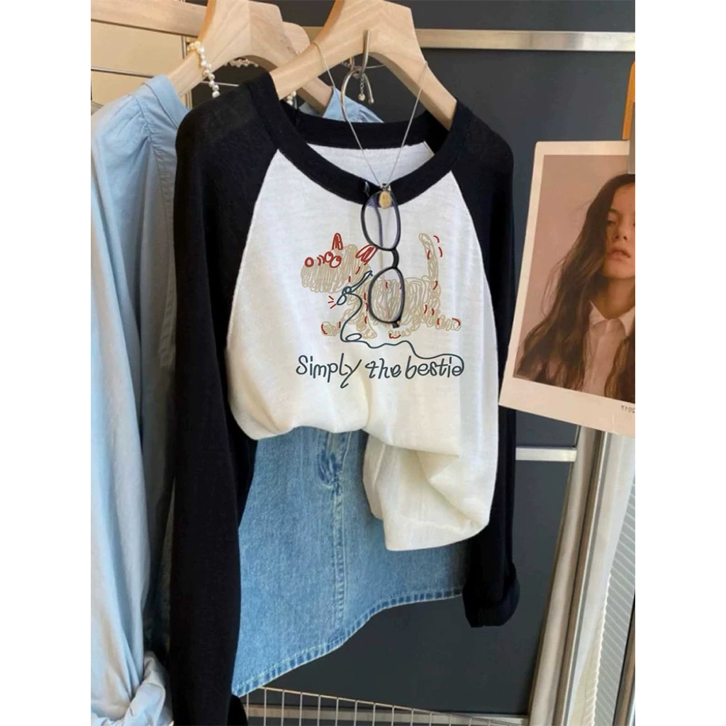 Áo dài tay nữ phối màu đen trắng in hình JULY FASHION, Áo mặc thu đông chất thun xượt mỏng nhẹ, mềm mịn