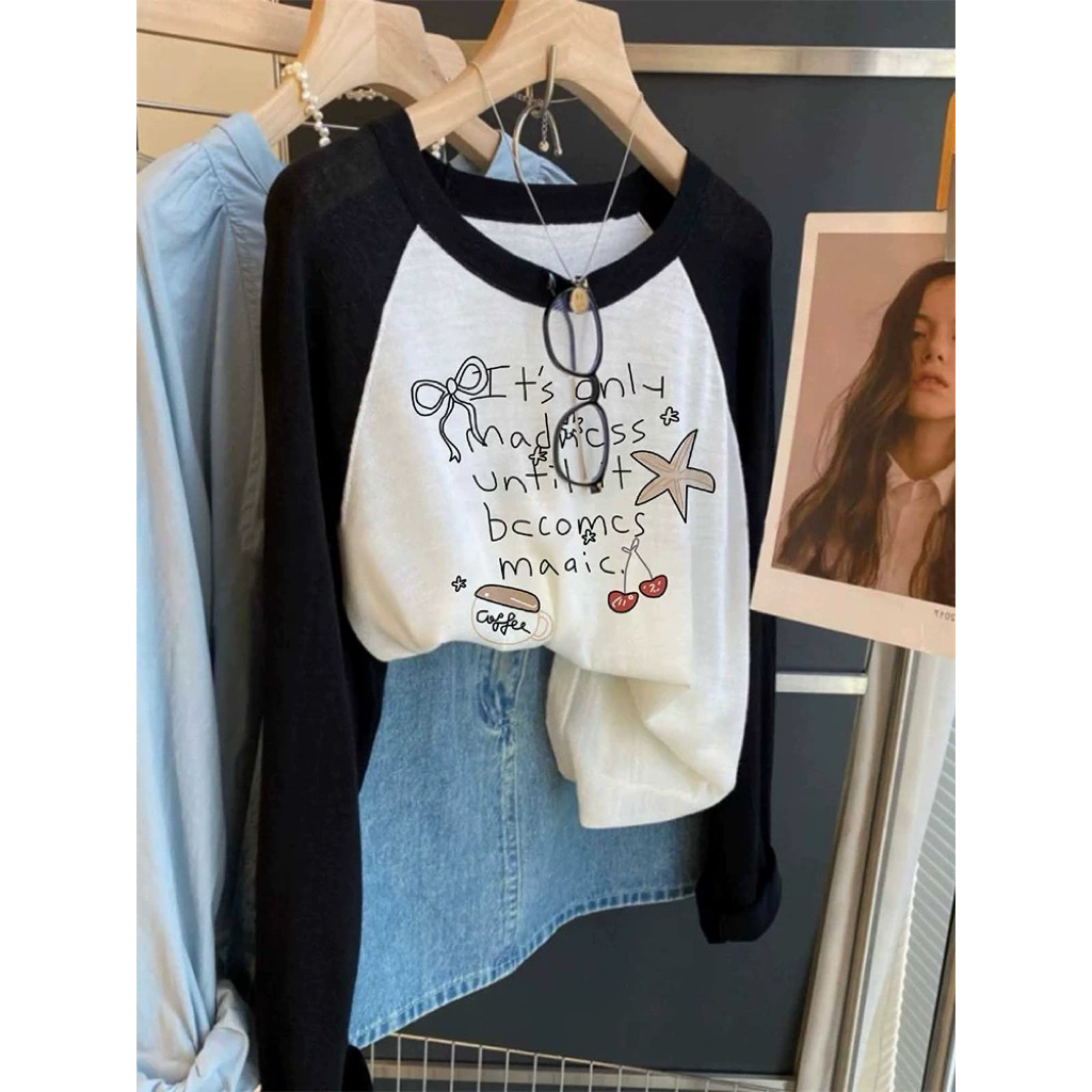 Áo dài tay nữ phối màu đen trắng in hình JULY FASHION, Áo mặc thu đông chất thun xượt mỏng nhẹ, mềm mịn