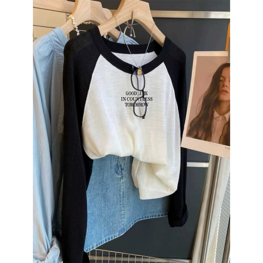 Áo dài tay nữ phối màu đen trắng in hình JULY FASHION, Áo mặc thu đông chất thun xượt mỏng nhẹ, mềm mịn