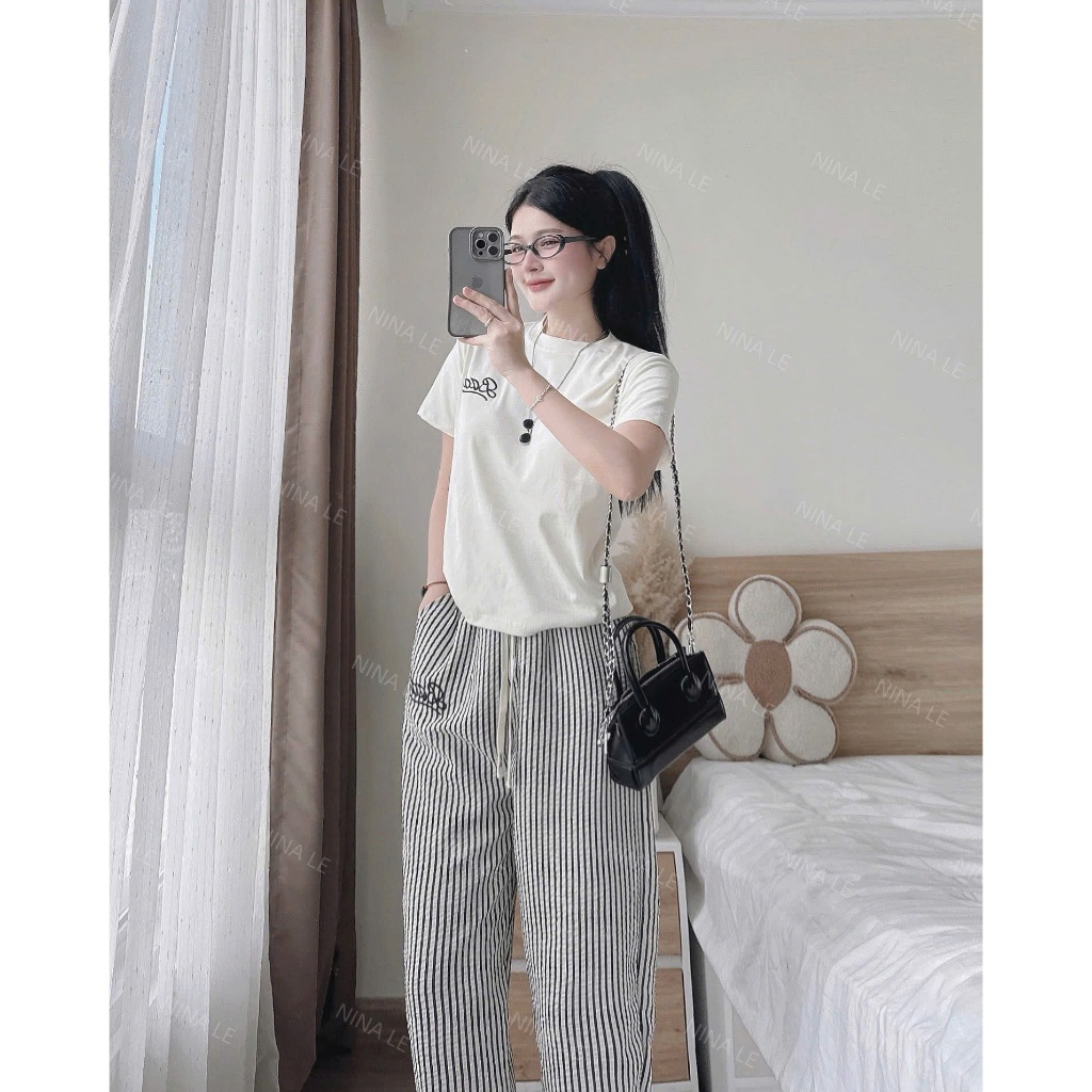 đồ bộ nữ áo thun cộc tay +  quần sọc xốp from baggy siêu xinh, set đồ nữ mặc nhà, dạo phố