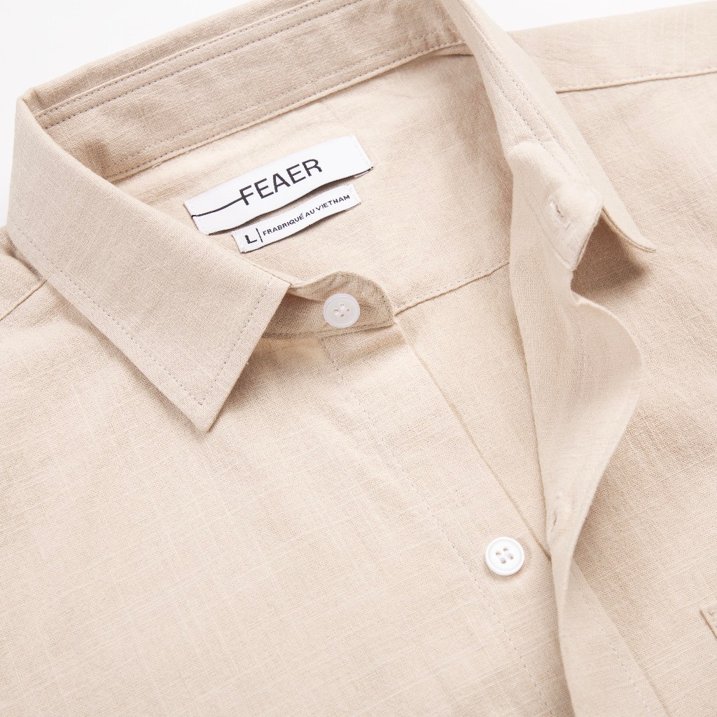 Áo sơ mi nam ngắn tay Loop vải linen mềm nhẹ, thoáng mát, cổ đứng, chất vải xốp, thêu logo tinh - FEAER