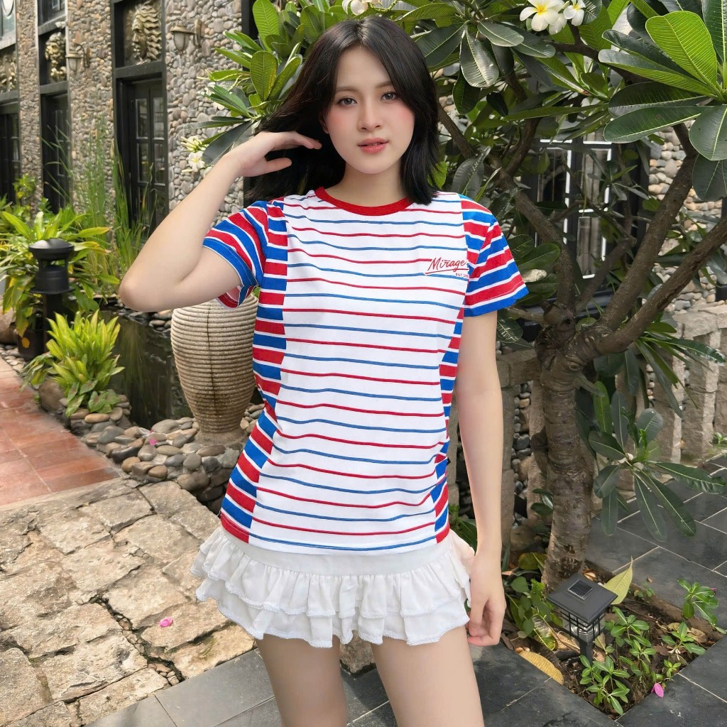 Áo Thun Mirage Họa Tiết Sọc Màu Xanh Đỏ Local Brand Chất 100% Cotton Mềm Mịn Thoáng Mát.