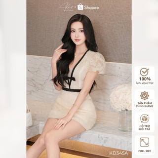 Đầm ngắn Khiết style ren kim sa hồ điệp cổ viền đen phối nơ phong cách dự tiệc sang chảnh KD345A