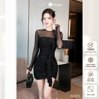 Đầm ngắn Khiết Styledáng ôm body ren thun hoa phối lưới đen phong cách quyến rũ KD374