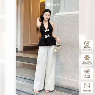 Set áo cổ yếm peplum nơ trắng Khiết Style phối jean suông trắng thanh lịch KS352