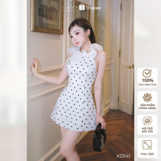 Đầm Khiết Style họa tiết chấm bi cổ yếm phối bèo tơ phong cách nữ tính thanh lịch KD141