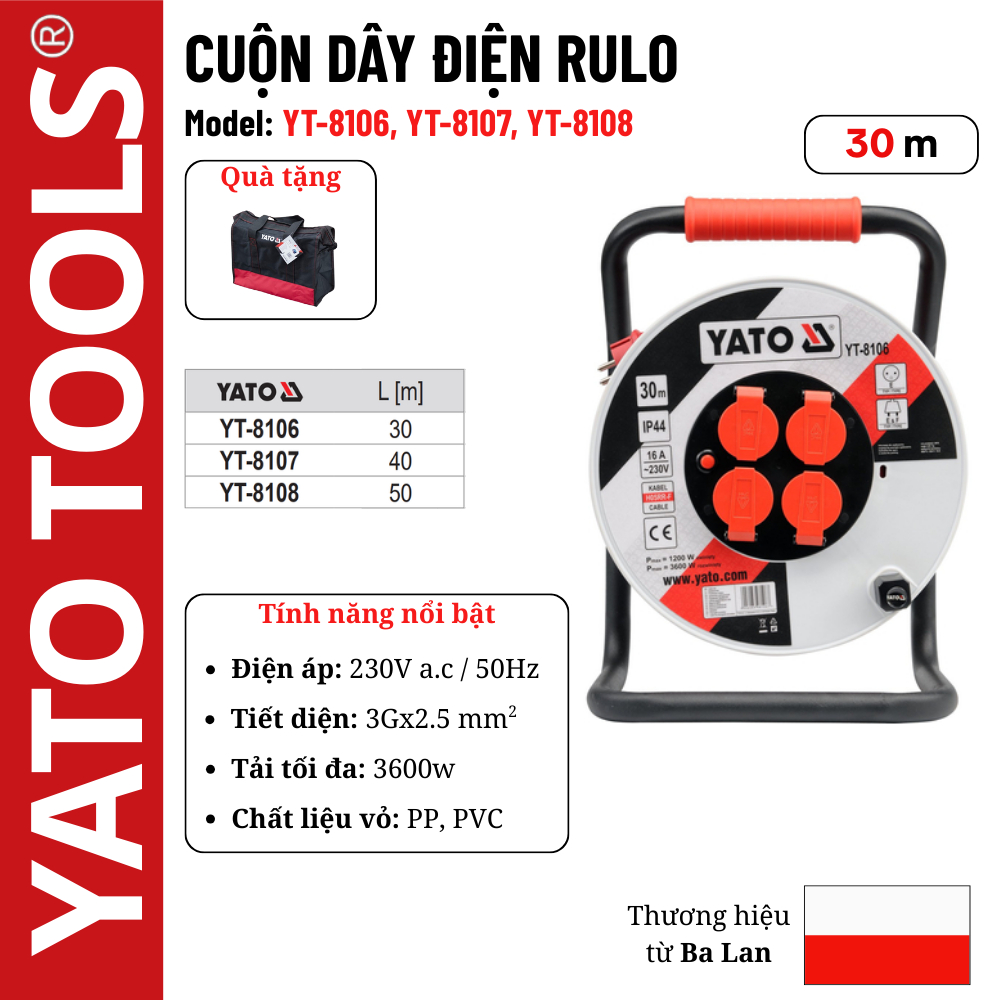 Cuộn dây điện Rulo Lõi đồng 16A-30M Yato YT-8106 - Ba Lan | Shopee Việt Nam