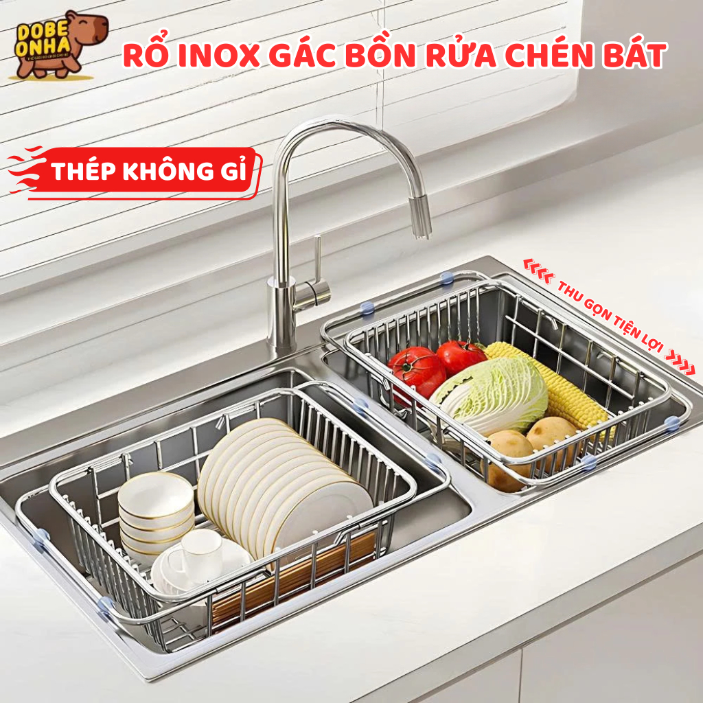 Kệ gác bồn rửa chén bát, giá inox đựng bát đĩa, rổ rửa rau củ ráo nước ...
