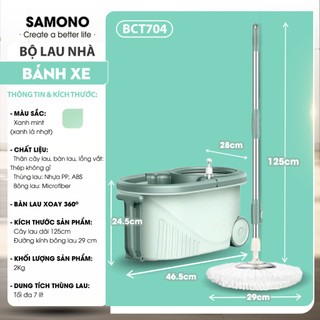 Samono Bộ thùng lau nhà thông minh hai bánh xe 1 ngăn Bonbox BCT704 kèm cây lau tự vắt xoay 360 độ, tiện lợi, siêu sạch