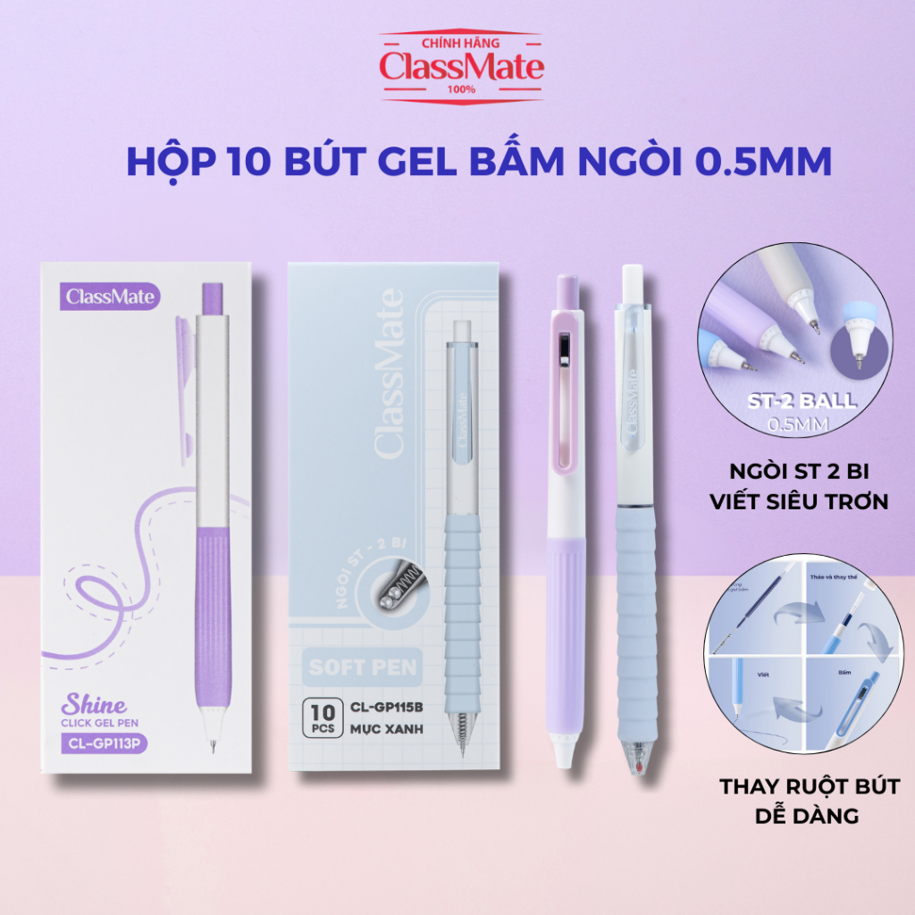 Hộp 10 Bút Gel Bấm CLASSMATE Ngòi 0.5mm ST 2 Bi, Bút Bi Gel Mực Xanh ...