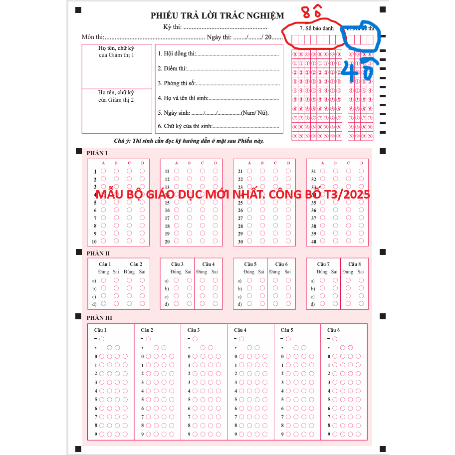 50 tờ Phiếu thi trắc nghiệm THPT - Mẫu Bộ GD mới nhất - 8 ô SBD,  4 ô mã đề  - Giấy  A4 100gsm - Mẫu 2025 cv1239