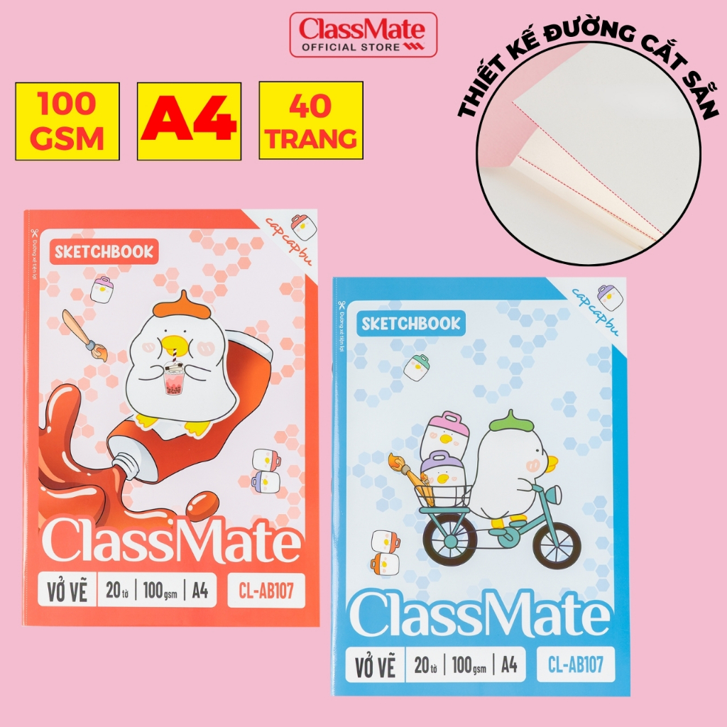 Vở Vẽ A4 100GSM Sổ Vẽ Học Sinh 40 Trang Ghim Gáy Classmate Có Đường Cắt Sẵn Giúp Xé Dễ Dàng Vở Vẽ Chì, Sáp Màu CL-AB107