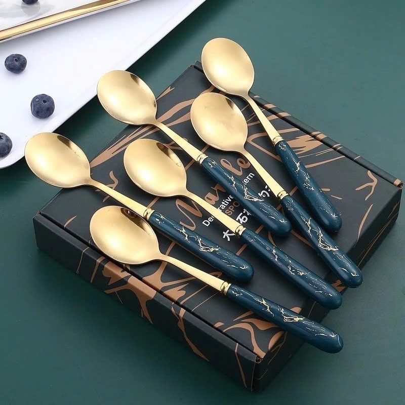 Set 6 Thìa Muỗm Ăn Cơm Vân Đá Dễ Thương Kèm Hộp Đựng Xinh Xắn-  Bộ 6 Muỗng Mạ Vàng Cán Dài Cho Bé Ăn Dặm