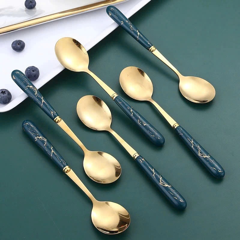 Set 6 Thìa Muỗm Ăn Cơm Dễ Thương Kèm Hộp Đựng Xinh Xắn-  Bộ 6 Muỗng Mạ Vàng Cán Dài Cho Bé Ăn Dặm