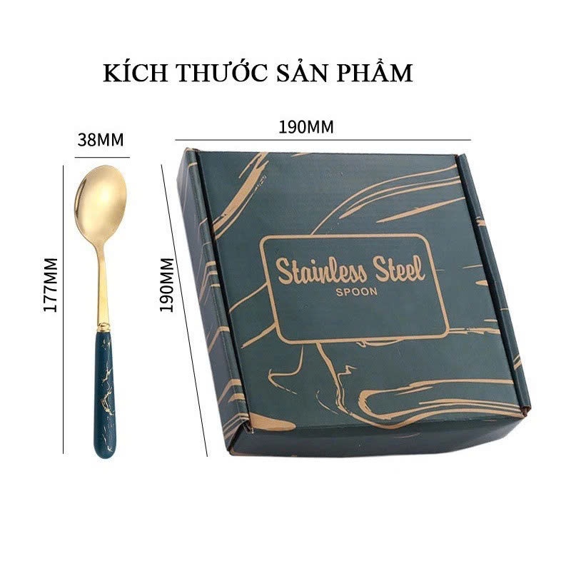 Set 6 Thìa Vân Đá Dễ Thương Kèm Hộp Đựng Xinh Xắn- Bộ 6 Muỗng Vân Đá Mạ Vàng Cán Dài Cho Bé Ăn Dặm, THÌA ĂN DẶM