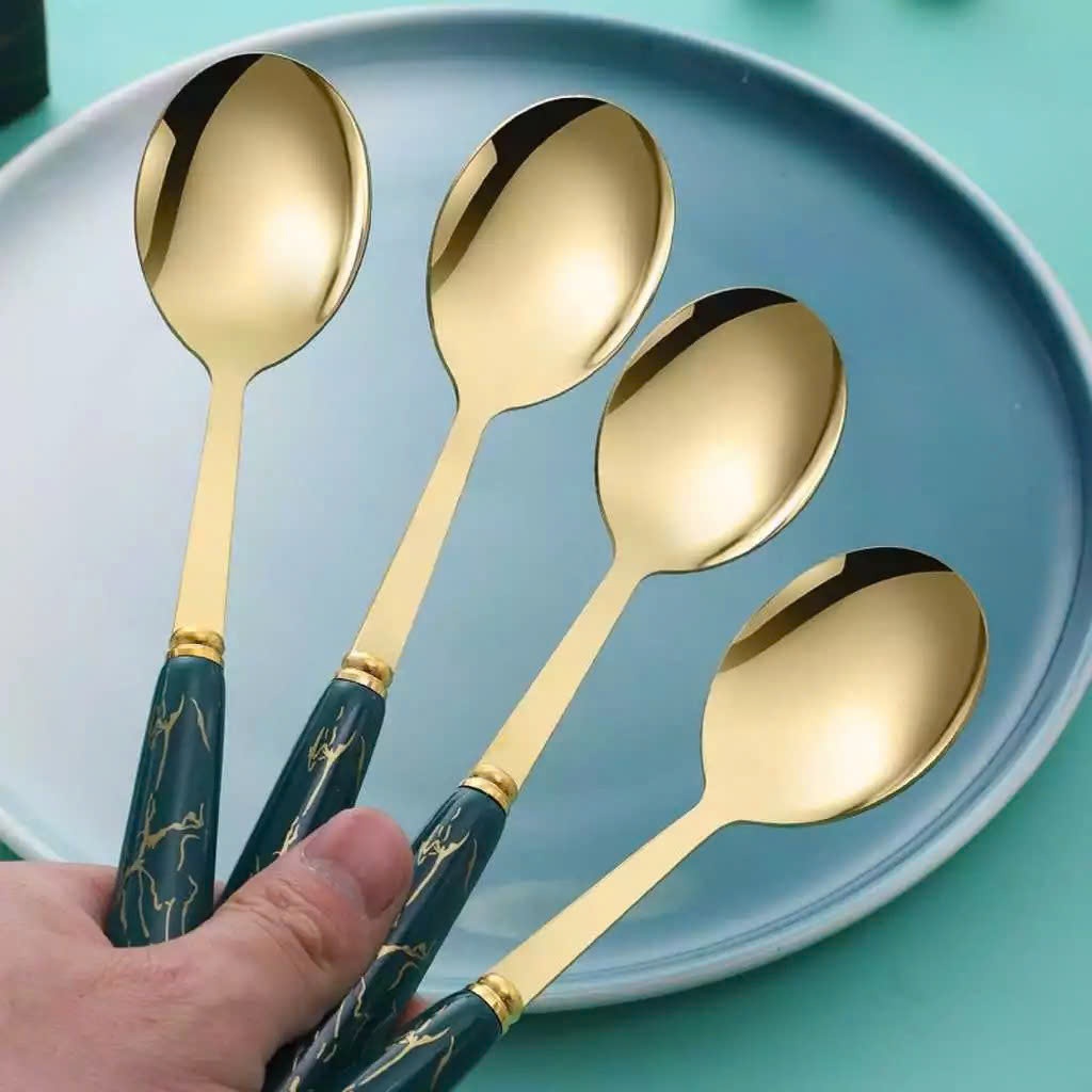 Set 6 Thìa Xanh Dễ Thương Kèm Hộp Đựng Xinh Xắn- Bộ 6 Muỗng Vân Đá  Mạ Vàng Cán Dài Cho Bé Ăn Dặm, THÌA ĂN DẶM