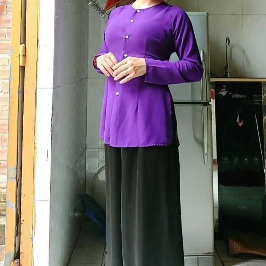 B.A49 - Áo Lụa Trơn Cài Nút Cổ Tròn Tay Dài (+ Quần Đen )