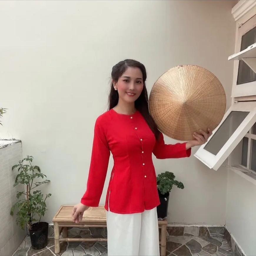 B.A49 - Áo Lụa Trơn Cài Nút Cổ Tròn Tay Dài (+ Quần Đen )