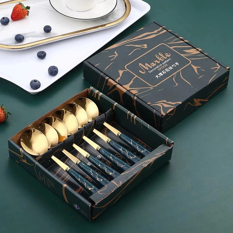 Set 6 Thìa Muỗm Ăn Cơm Vân Đá Dễ Thương Kèm Hộp Đựng Xinh Xắn-  Bộ 6 Muỗng Mạ Vàng Cán Dài Cho Bé Ăn Dặm