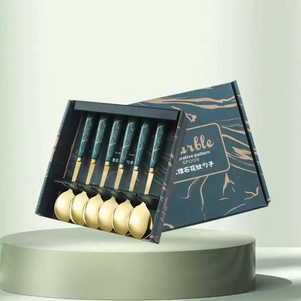 Set 6 Thìa Muỗm Ăn Cơm Vân Đá Dễ Thương Kèm Hộp Đựng Xinh Xắn-  Bộ 6 Muỗng Mạ Vàng Cán Dài Cho Bé Ăn Dặm