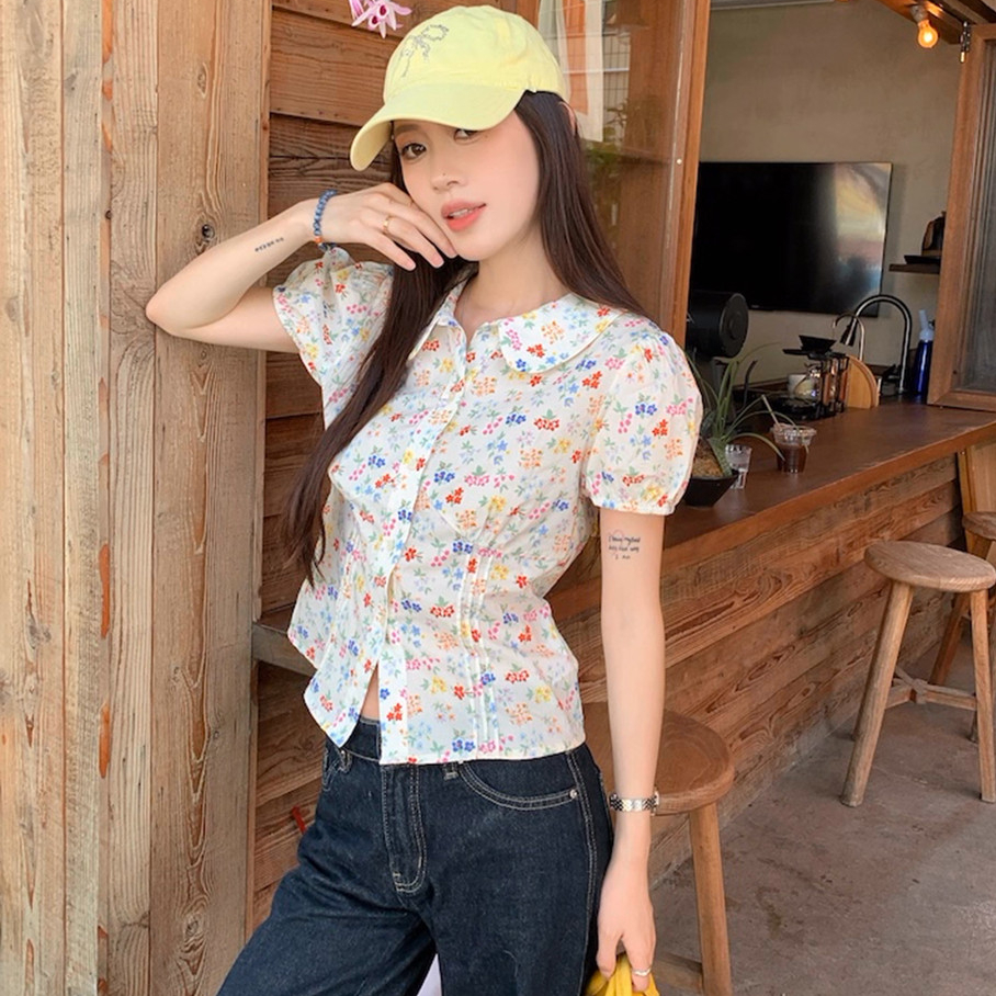 Áo Sơ Mi Nữ BABEE Tay Ngắn Phồng Cổ Sen In Hoa Nhí Dễ Thương Trẻ Trung Năng Động Cá Tính