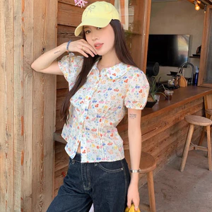 Áo Sơ Mi Nữ BABEE Tay Ngắn Phồng Cổ Sen In Hoa Nhí Dễ Thương Trẻ Trung Năng Động Cá Tính