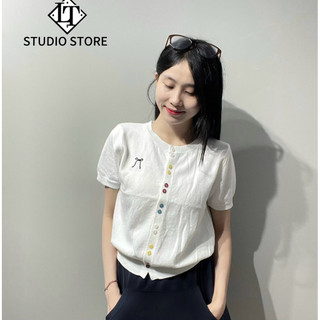 LT - Áo len nơ cổ tròn đính khuy nhiều màu, len mongtoghi Free size 1243
